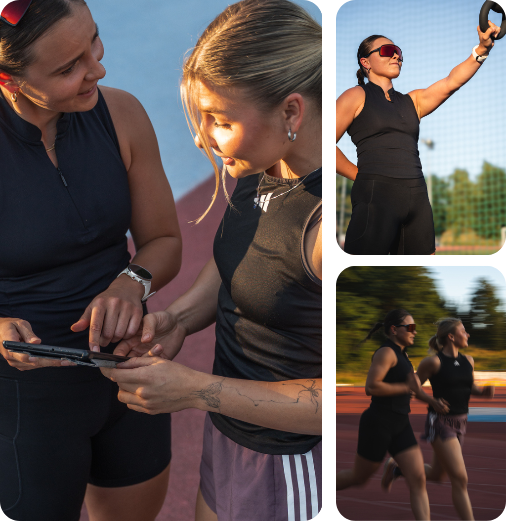 Kolaż zdjęć przedstawiający trenerkę Julia Kudlińską podczas biegu, ćwiczeń z kettlem i konsultacji z podopieczną.